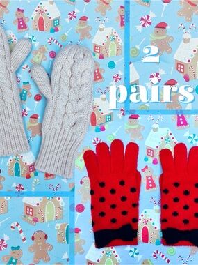 2 Pair Bundle ❉ GapKids Cable Knit Cream Mittens & Red Bow Polka Dot Gloves